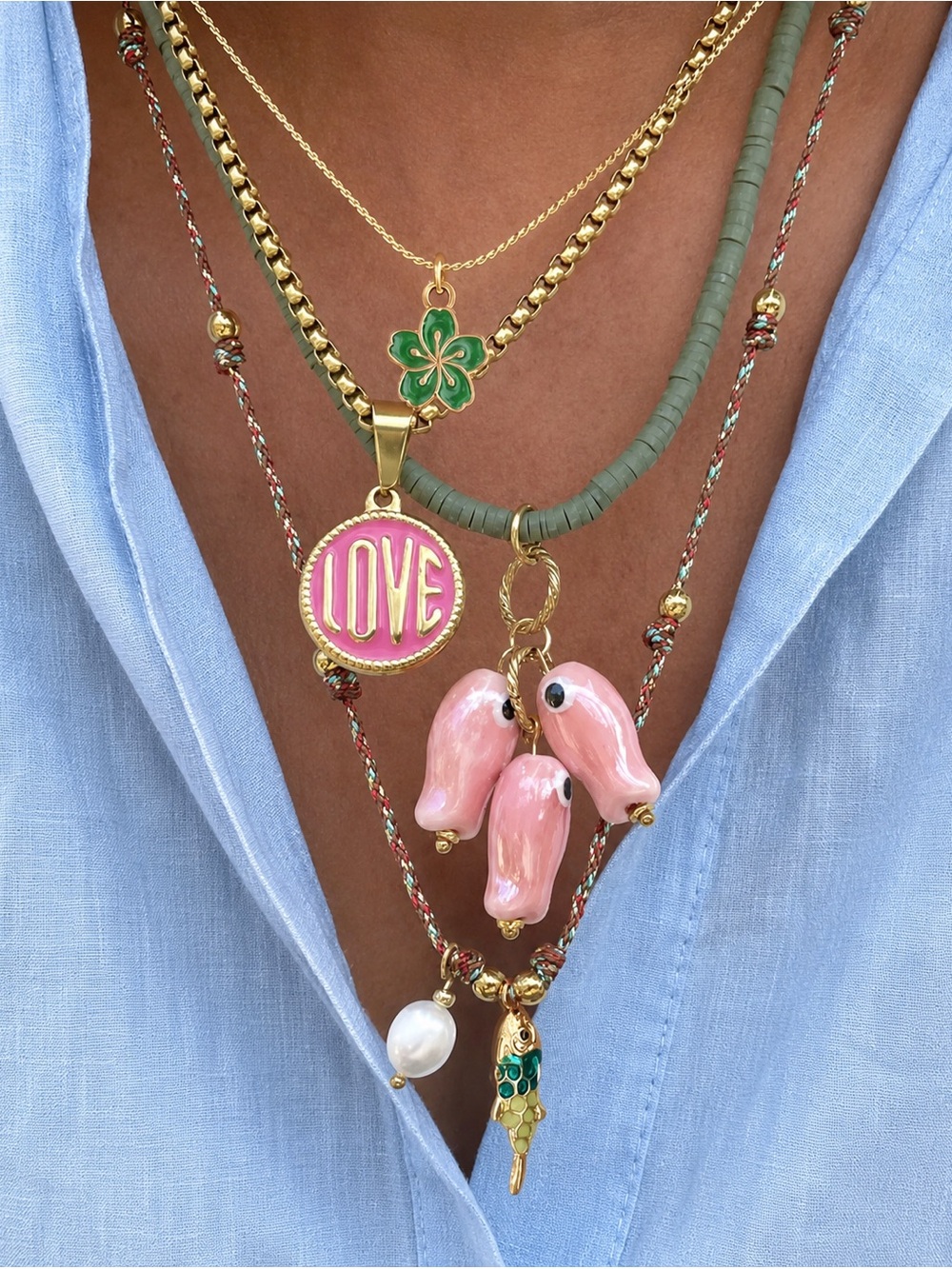 Gold Layered Charm Necklace Set with Pink Fish & Green Clover Charms